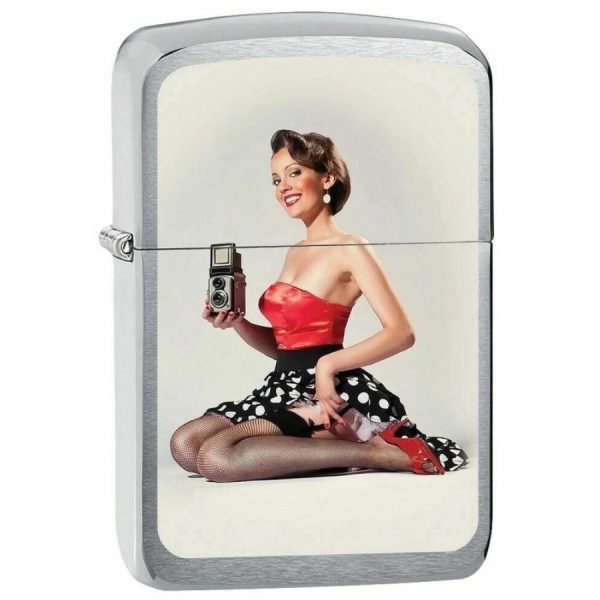Zippo Lighter Pin Up Girl with Camera  Brushed Chrome