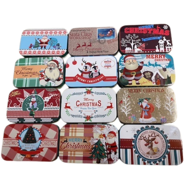 Små Bokser i metall med julemotiv