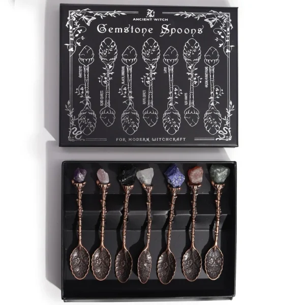 Set of 7 Bronze Gemstone Crystal Witch Spoons