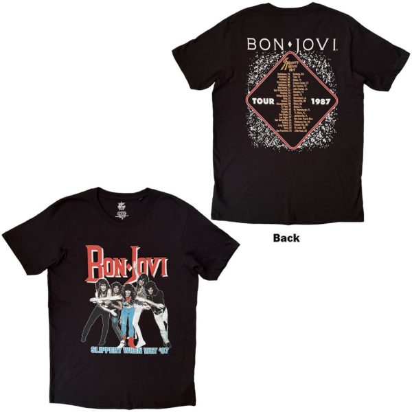 Bon Jovi Unisex T-Shirt: Slippery When Wet '87 (Black) (Back Print)