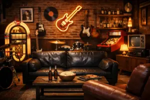 Eksempel på dekorert man cave med rock og retro